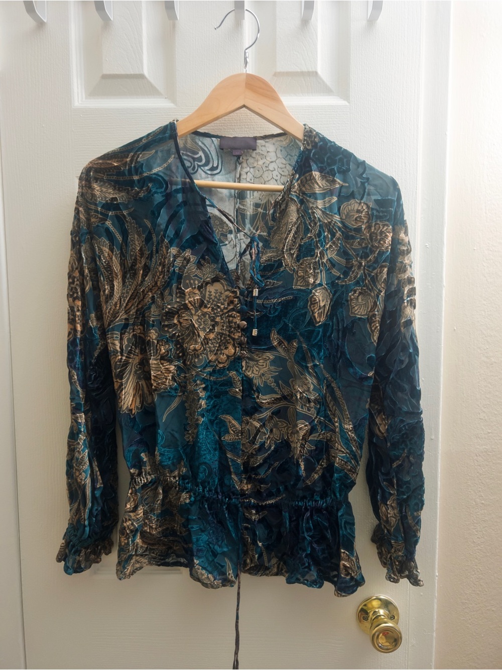 Hale Bob Teal and Metallic Gold Floral V-Neck Blouse
